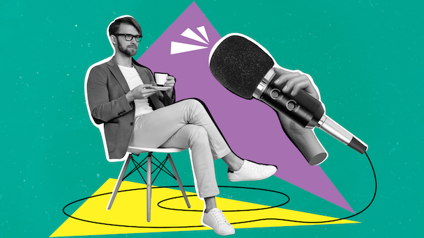 Collage of man sitting in chair with podcasting microphone